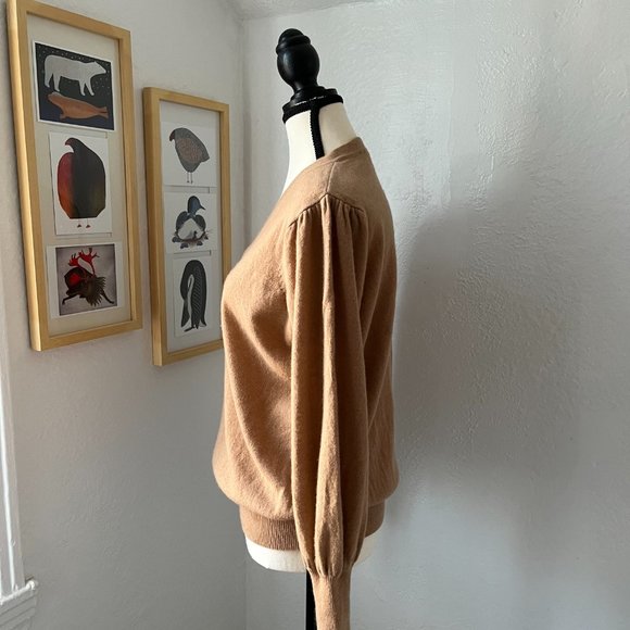 Annie + Otis Brown Tan Puff Sleeve Cashmere V Neck Sweater Women Women Large - Picture 2 of 8